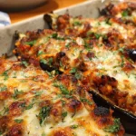 stuffed baked eggplants with beef and melted cheese