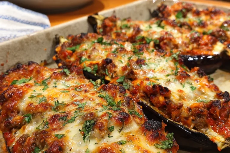 stuffed baked eggplants with beef and melted cheese