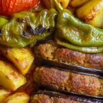 turkish style baked kofta with roasted vegetables