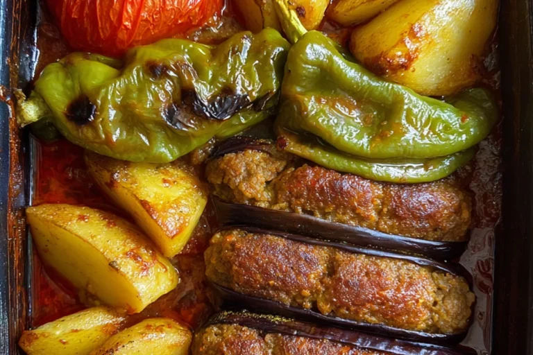 turkish style baked kofta with roasted vegetables