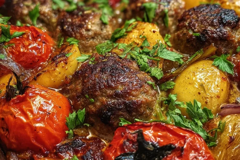 baked meatballs with roasted potatoes and tomatoes