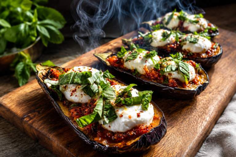 burrata marinara stuffed eggplant boats