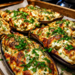 cheesy roasted stuffed eggplant boats