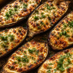 creamy garlic chicken stuffed eggplant boats