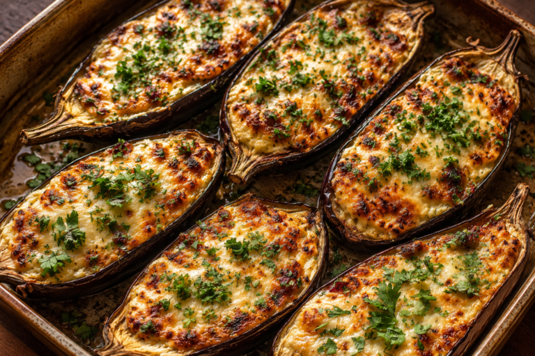 creamy garlic chicken stuffed eggplant boats