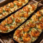 garlic parmesan shrimp stuffed eggplant boats