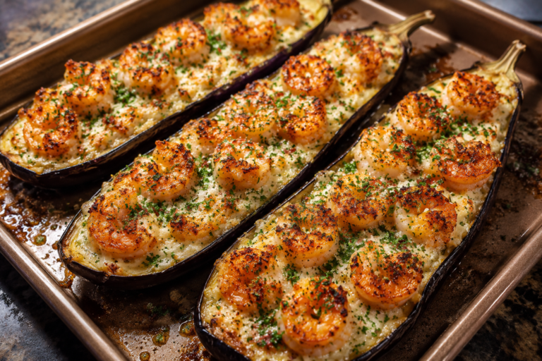 garlic parmesan shrimp stuffed eggplant boats