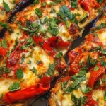 mediterranean baked eggplants with mozzarella and roasted peppers