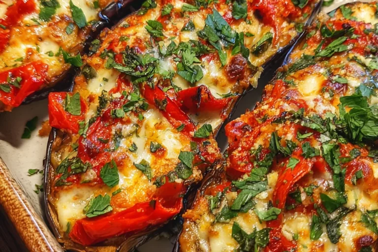 mediterranean baked eggplants with mozzarella and roasted peppers