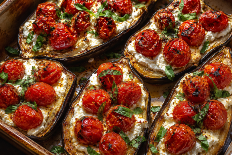 mediterranean ricotta stuffed eggplant boats