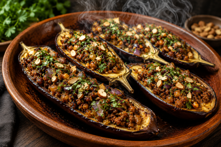 middle eastern spiced beef stuffed eggplant boats