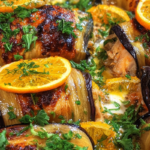 stuffed eggplant chicken rolls with orange butter glaze