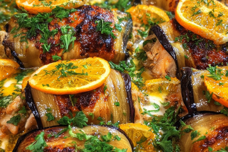 stuffed eggplant chicken rolls with orange butter glaze