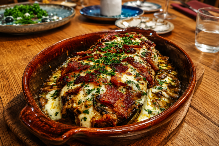 cheesy bacon mushroom stuffed eggplant