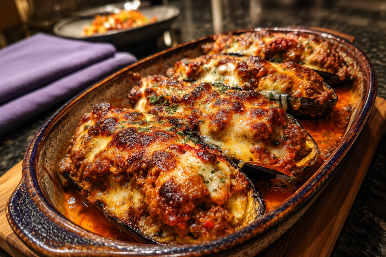 cheesy beef stuffed eggplant