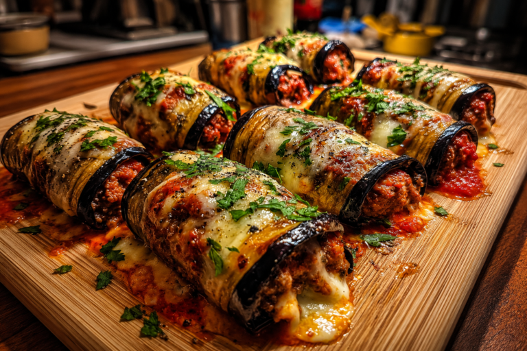 cheesy beef stuffed eggplant roll-ups