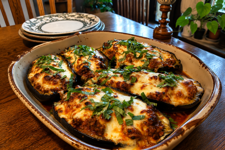 cheesy bolognese stuffed eggplant