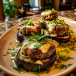 cheesy garlic steak medallions on roasted eggplant