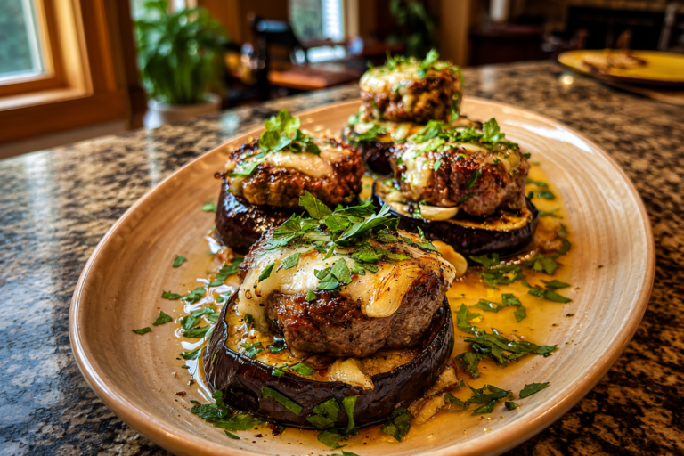 cheesy garlic steak medallions on roasted eggplant