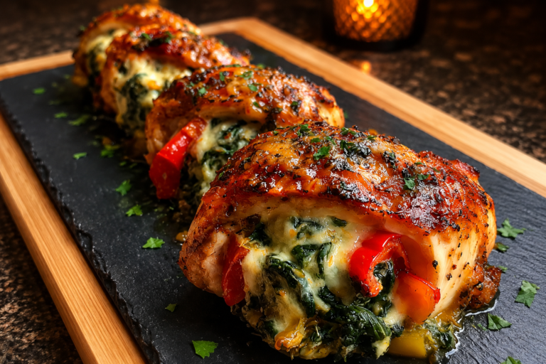 cheesy spinach roasted red pepper stuffed chicken
