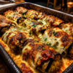 creamy chicken alfredo stuffed eggplant