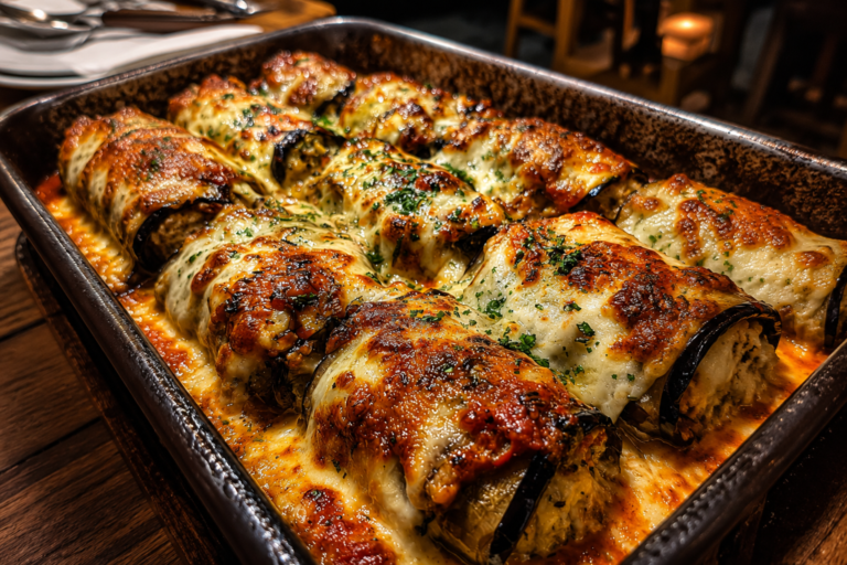creamy chicken alfredo stuffed eggplant