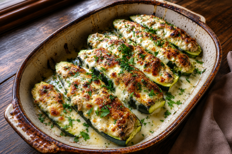 creamy chicken alfredo stuffed zucchini boats