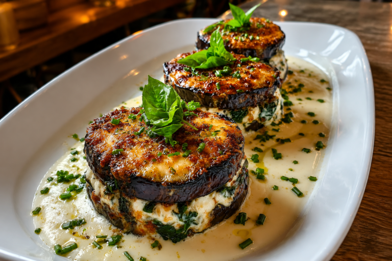 creamy spinach beef eggplant stacks