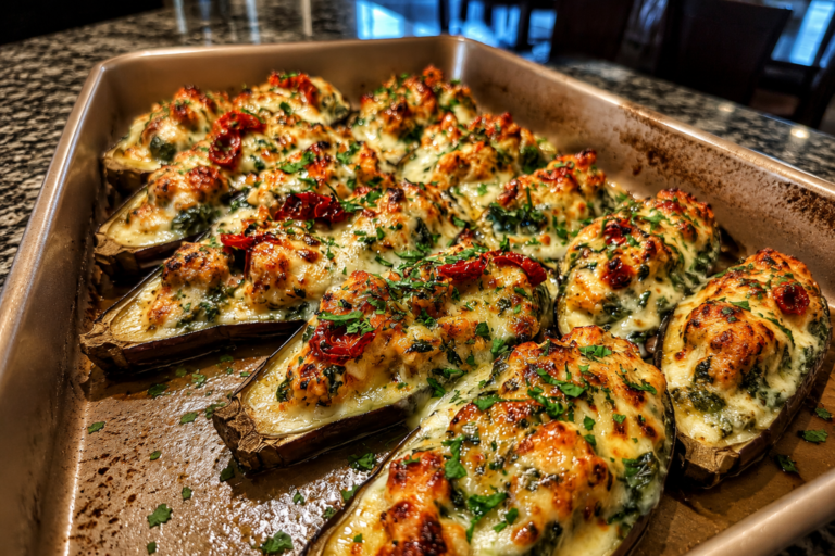 Creamy Tuscan Chicken Stuffed Eggplant is Irresistible! 2 creamy tuscan chicken stuffed eggplant