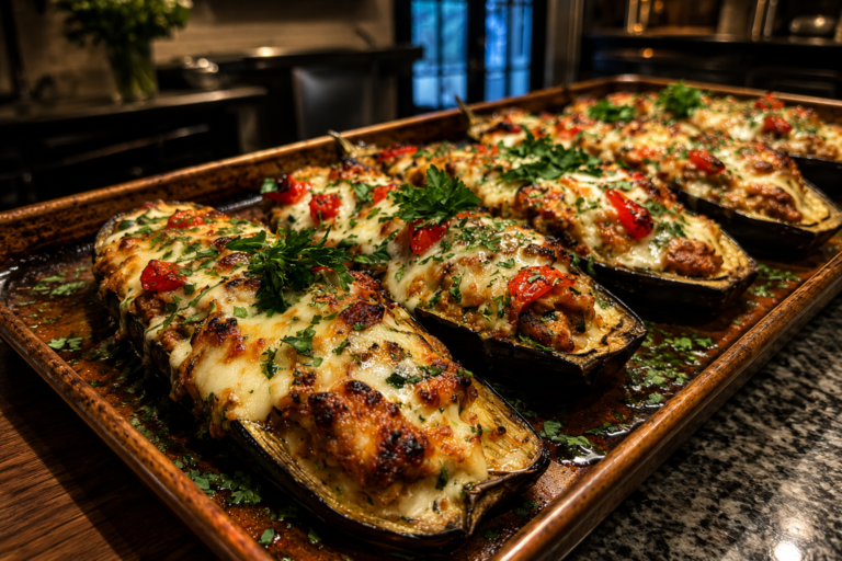 garlic parmesan chicken stuffed eggplant