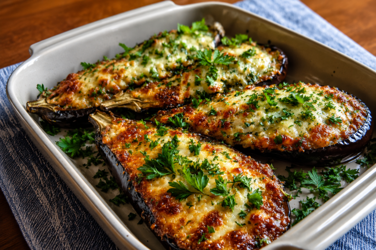 garlic parmesan roasted eggplant halves