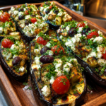 mediterranean chicken & feta stuffed eggplant