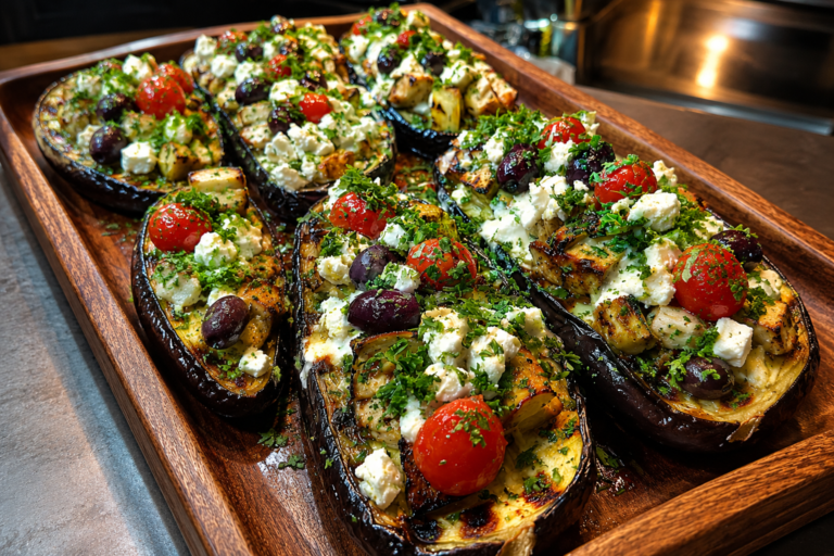 mediterranean chicken & feta stuffed eggplant