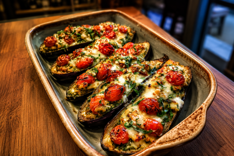 pesto chicken stuffed eggplant boats
