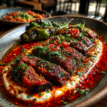 spicy grilled beef over whipped feta