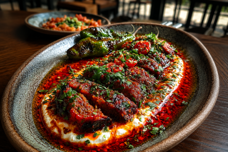 spicy grilled beef over whipped feta